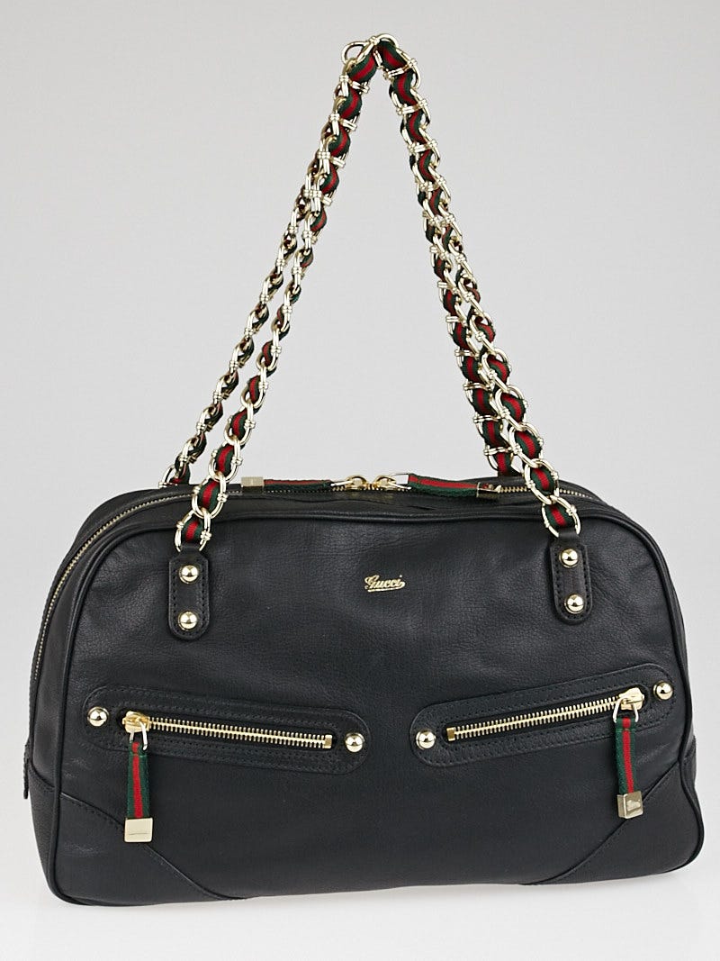Gucci Black Leather Vintage Web Chain Princy Boston Bag
