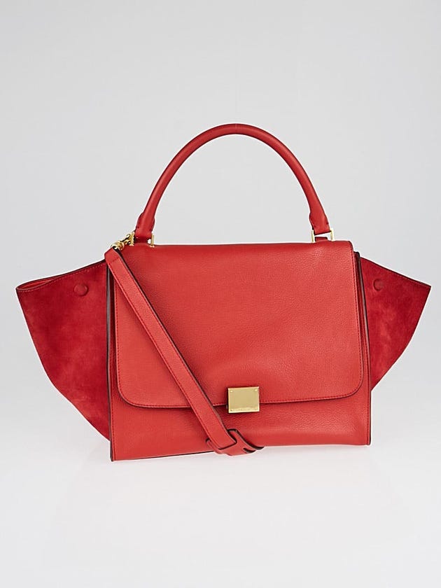 Celine Red Pebbled Calfskin/Suede Leather Small Trapeze Bag