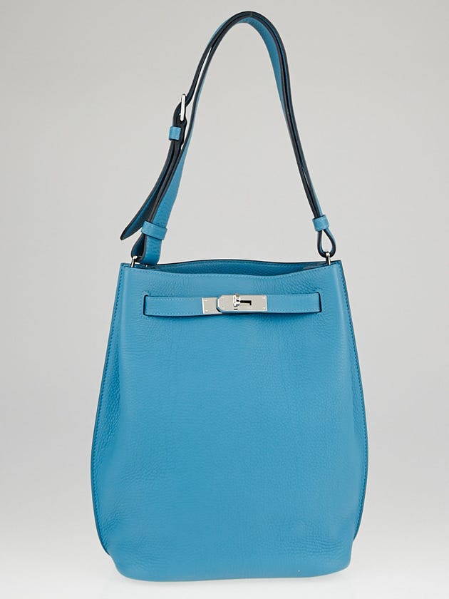 Hermes 22cm Turquoise Clemence Leather Palladium Plated So Kelly Bag