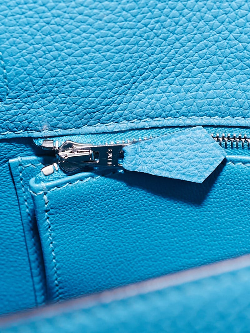 Hermes 22cm Turquoise Clemence Leather Palladium Plated So Kelly Bag -  Yoogi's Closet