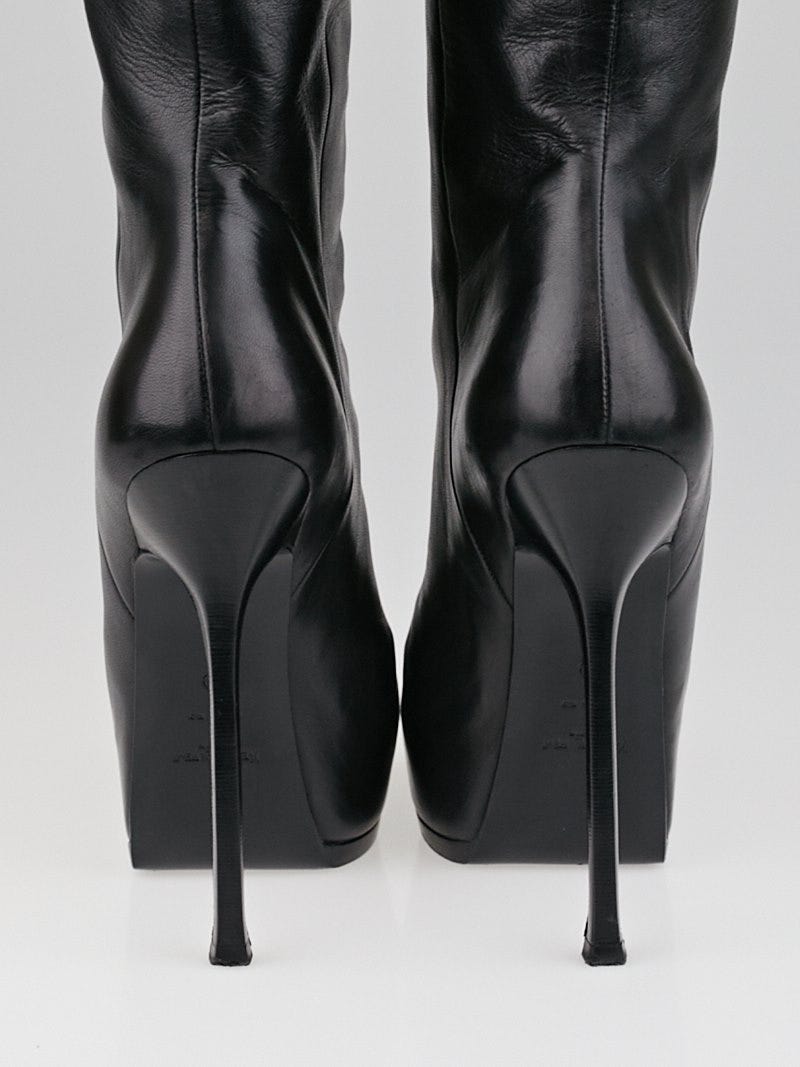 Yves Saint Laurent Black Leather Tribtoo Knee High Boots