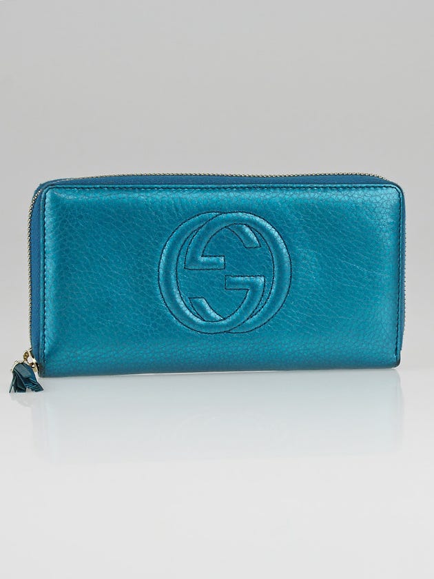Gucci Metallic Turquoise Pebbled Leather Soho Zippy Wallet