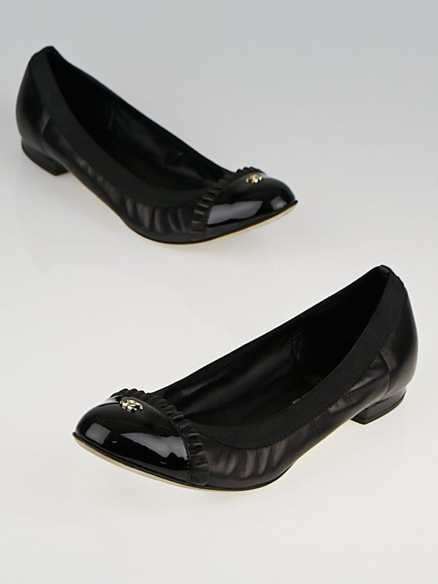 Chanel Black Lambskin Leather Ruffle Cap Toe Elastic Ballet Flats Size 8/38.5