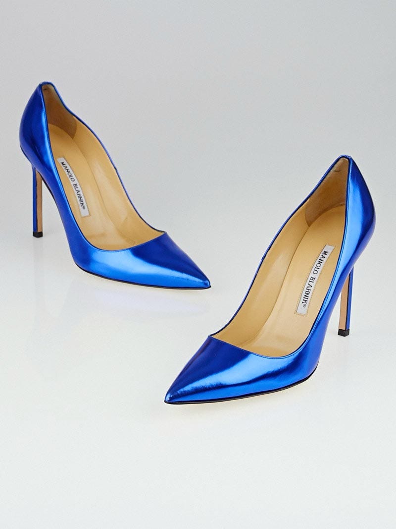 Manolo Blahnik Blue Metallic Patent Leather BB 105 Pointed Toe