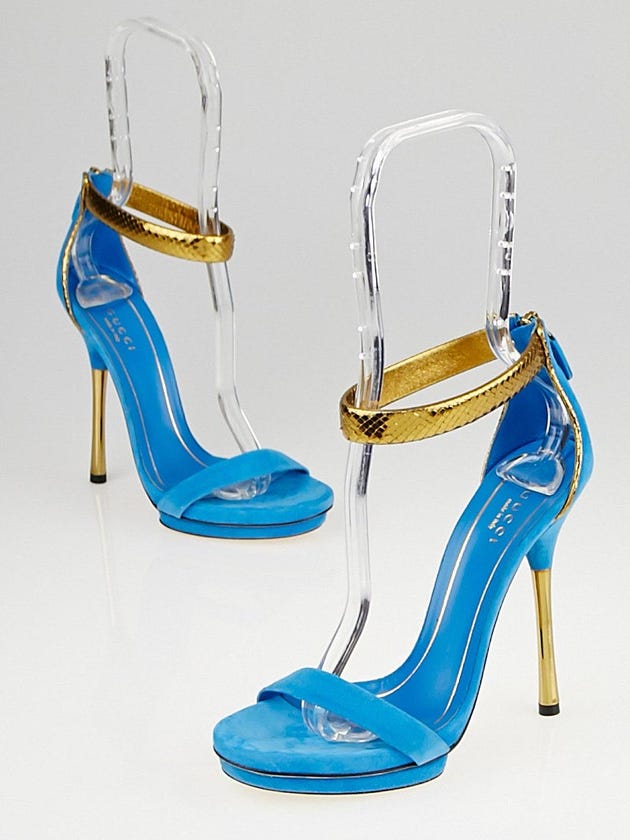 Gucci Azure Suede and Gold Python Kelis Ankle Strap Platform Sandals Size 6/36.5