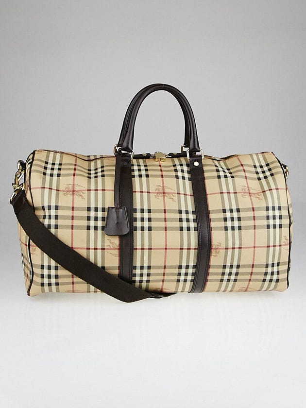 Burberry Brown Leather and Haymarket Check Coated Canvas Travel Duffel Bag