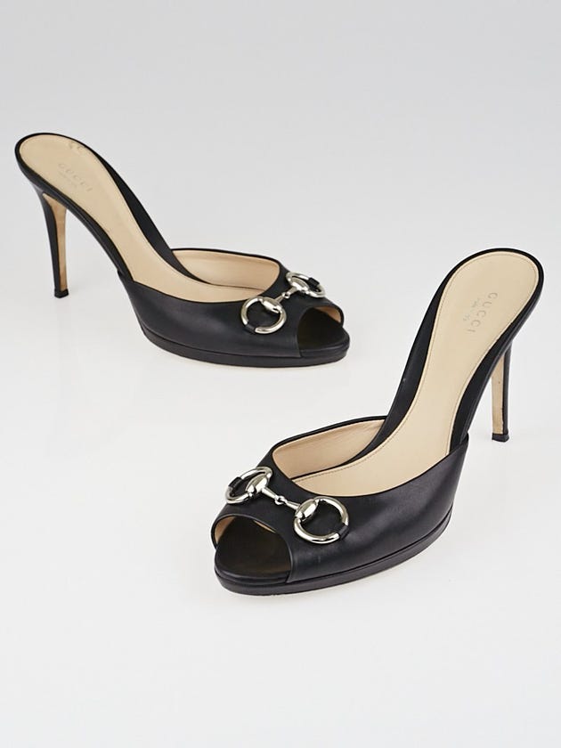 Gucci Black Leather Horsebit Open-Toe Slide Sandals Size 10.5/41