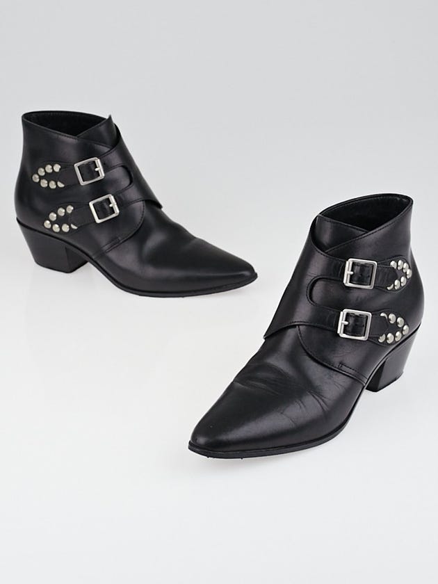 Saint Laurent Black Leather Studded Buckle Ankle Boots Size 6.5/37