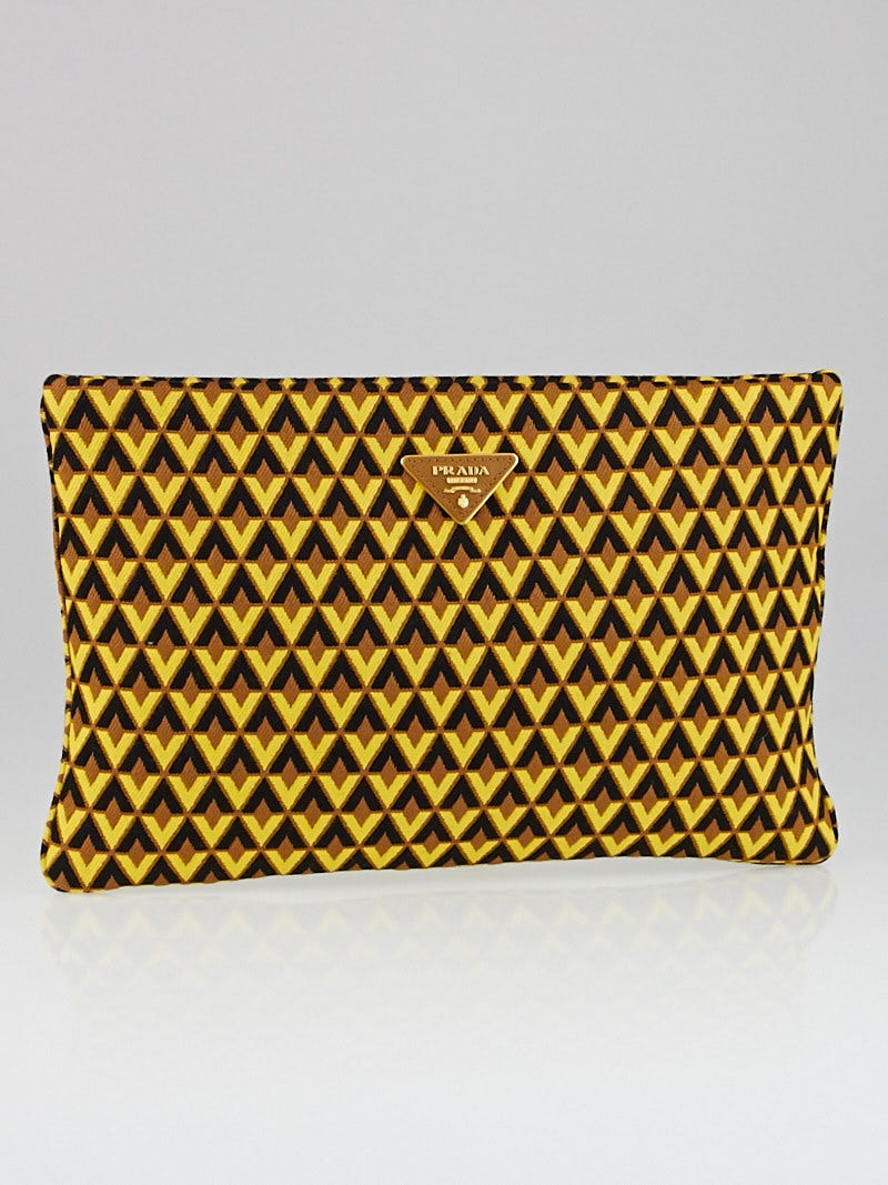 Prada Yellow/Black/Brown Tessuto Jacquard Diamond Fabric Pochette