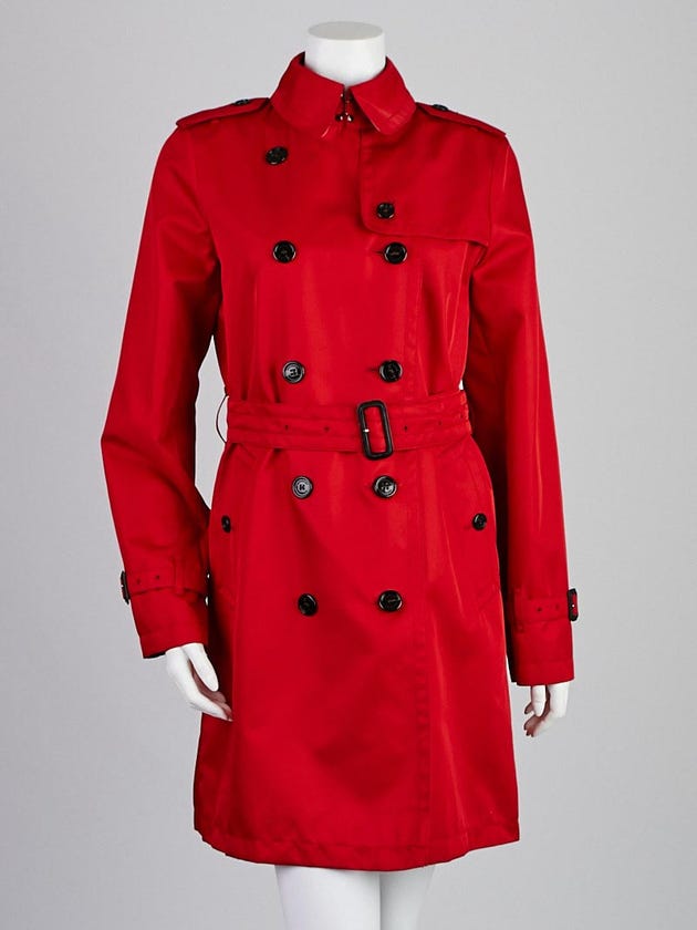 Burberry London Red Polyester Barkestone Mid-Length Trench Coat Size 8