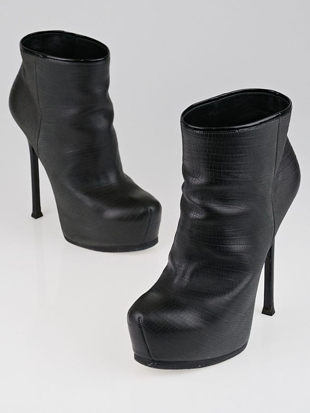 Yves Saint Laurent Black Lizard Embossed Leather Tribtoo 105 Ankle Boots Size 8.5/39