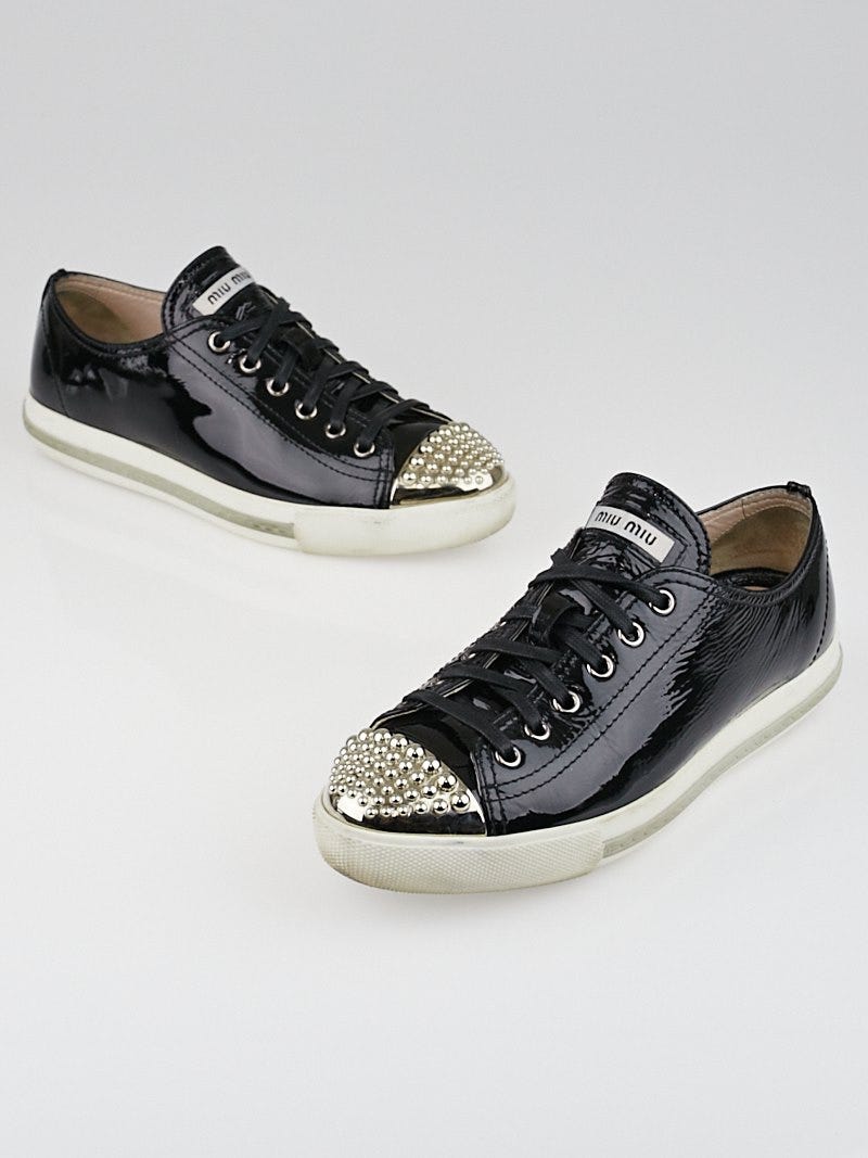 商品画像：Miu Miu Black Patent Leather Studded Cap Toe Sneakers Size 5