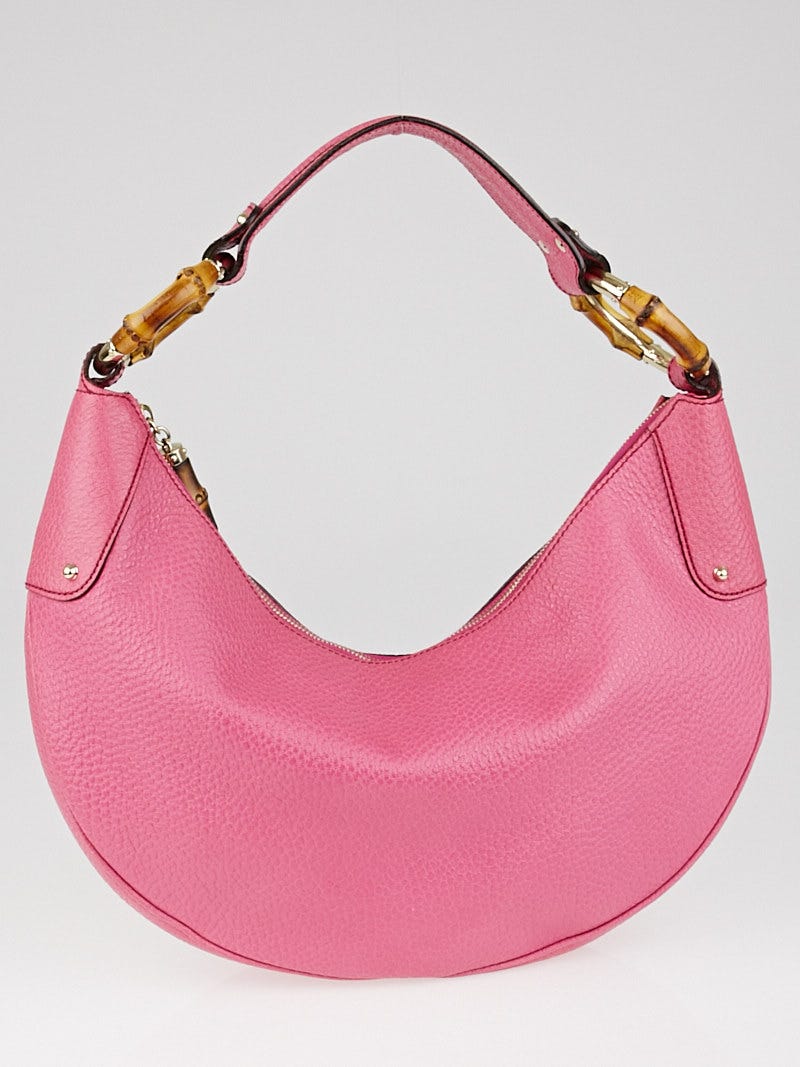 Gucci Pink Pebbled Leather Bamboo Ring Medium Hobo Bag