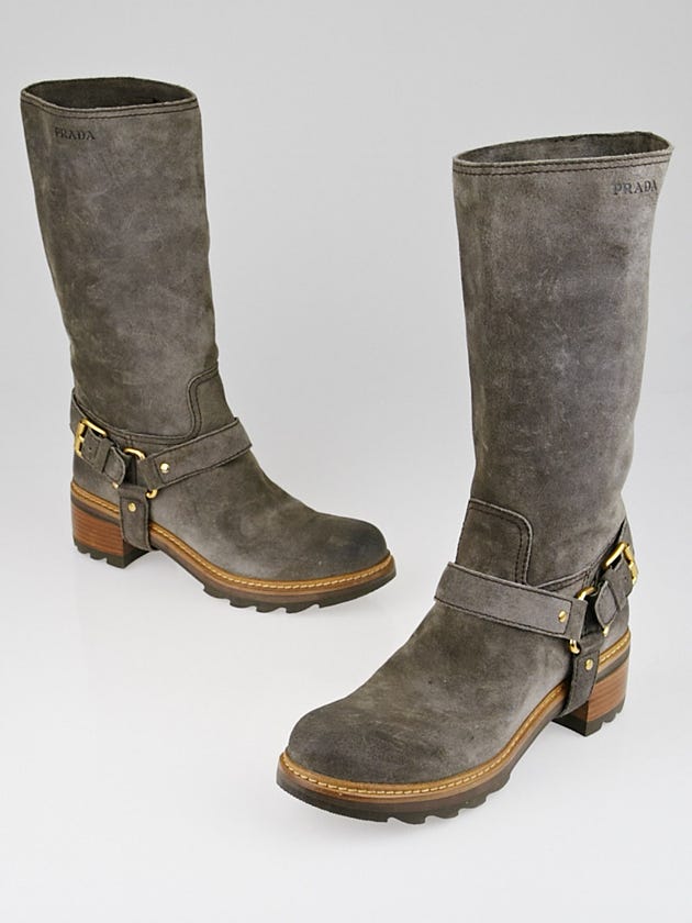 Prada Antracite Suede Motorcycle Boots 3W5099 Size 10.5/41