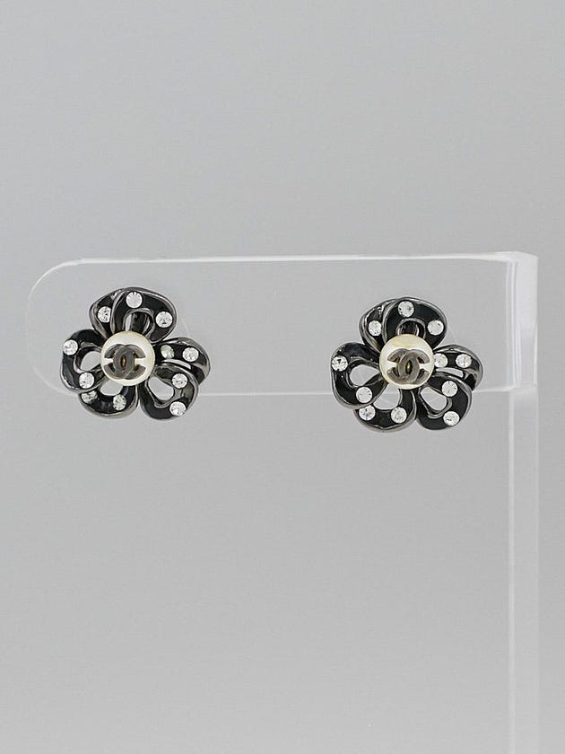 Chanel Black/Crystal Camellia and Faux Pearl CC Earrings