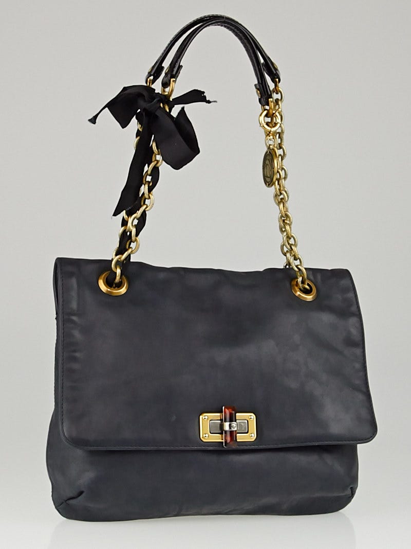 Lanvin Navy Blue Leopard Print Leather Happy Medium Bag | Yoogi's Closet