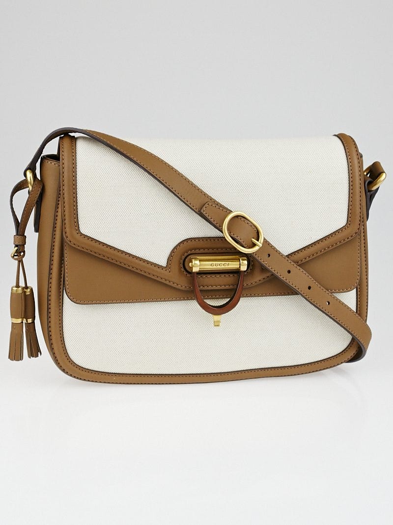 Gucci Natural Canvas and Brown Leather Derby Shoulder Bag