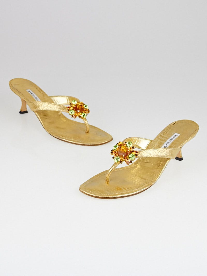 Manolo Blahnik Gold Rafia Leather Afrisea Thong Sandals Size