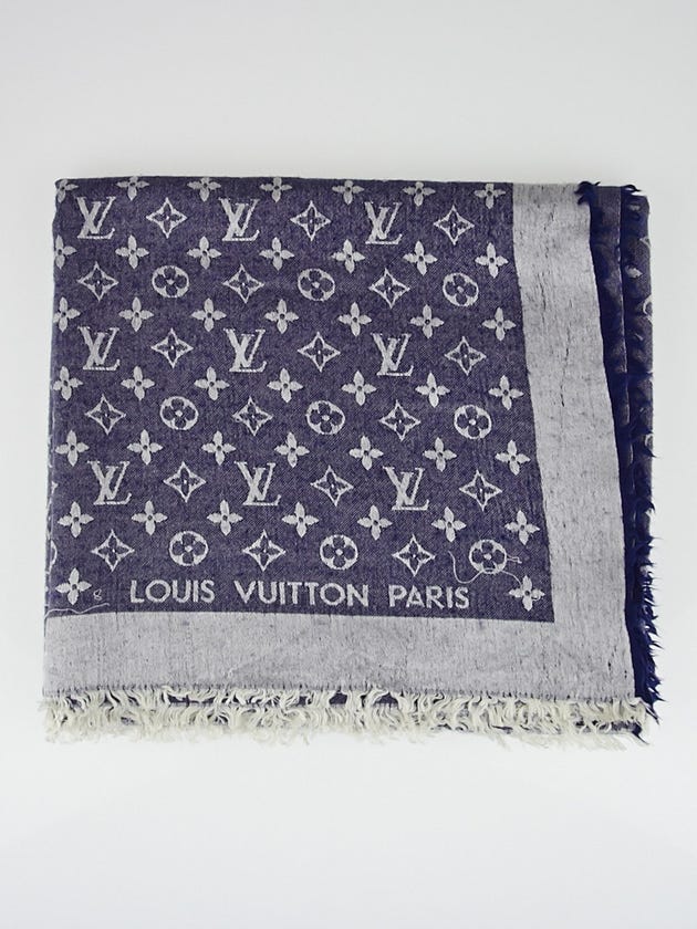 Louis Vuitton Blue Monogram Denim Silk/Wool Shawl Scarf 