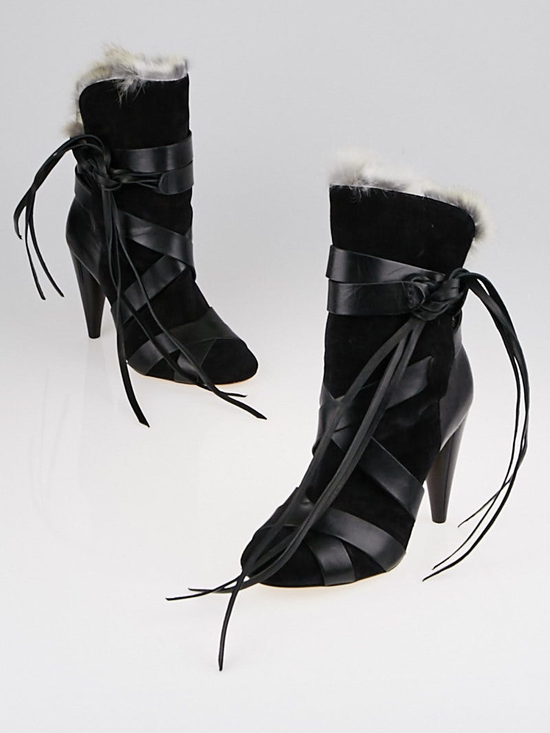 Isabel Marant Black Suede and Rabbit Fur Neta Boots Size 6.5 37