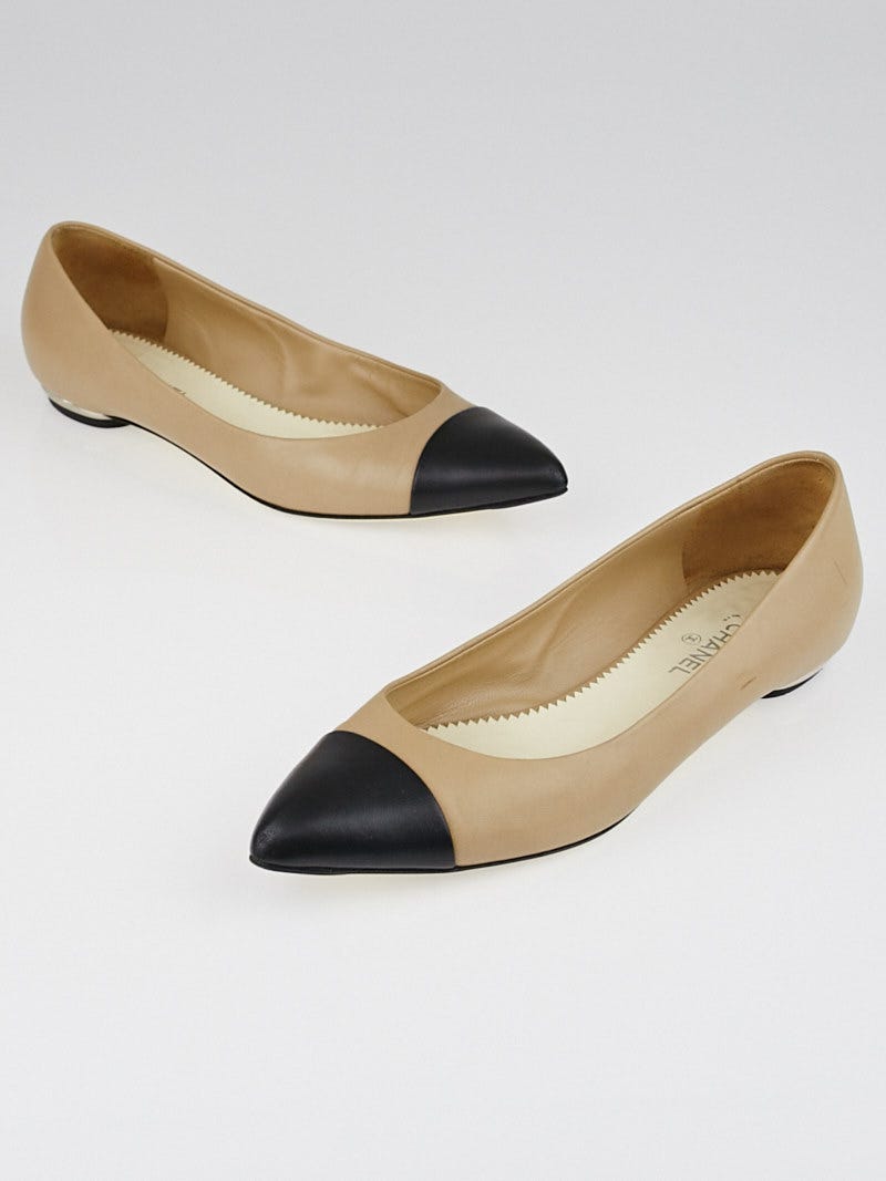 Chanel Beige/Black Leather Pointed Toe Ballet Flats Size 8/38.5