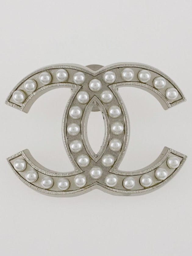 Chanel Silver Metal and Glass Pearl CC Brooch