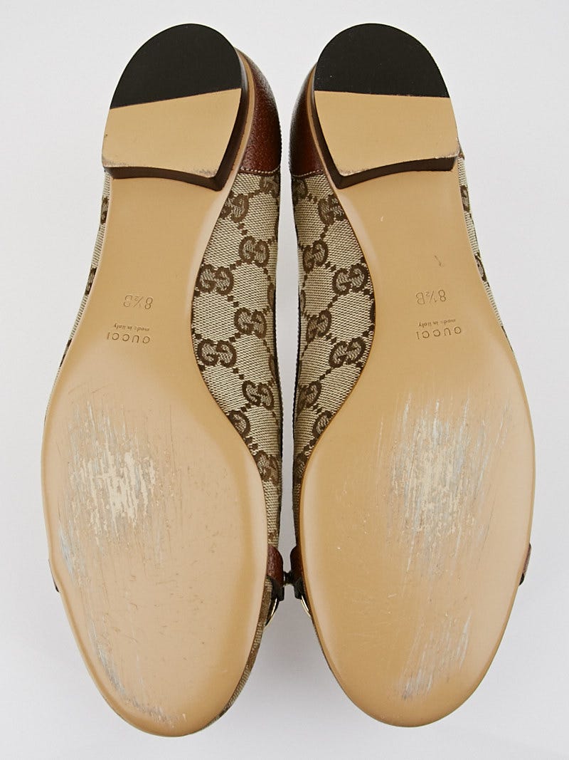 Gucci Beige/Ebony GG Canvas Bamboo Horsebit Ballet Flats