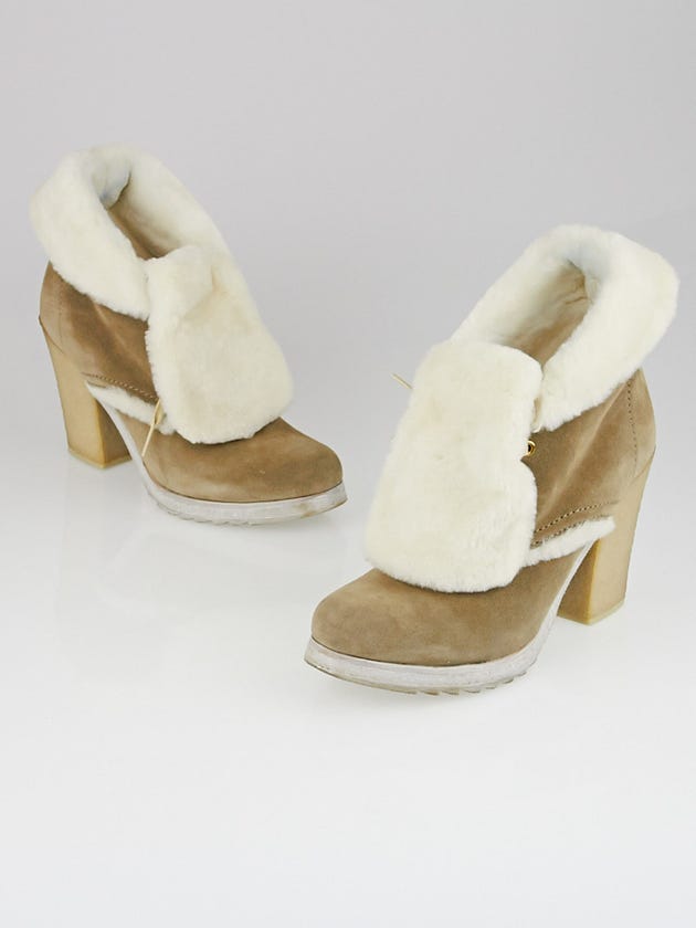 Prada Bambu Suede and White Faux Fur Lined Lace Up Booties Size 9.5/40