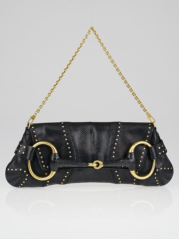 Gucci Black Snakeskin Studded Horsebit Chain Clutch Bag