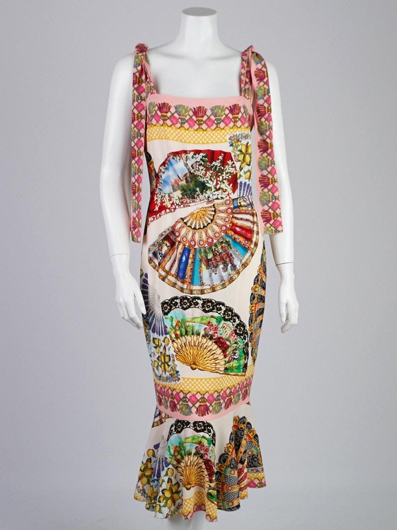 Dolce Gabbana Multicolor Fan Print Silk Blend Tie Strap Dress Size 10 44 Yoogi s Closet