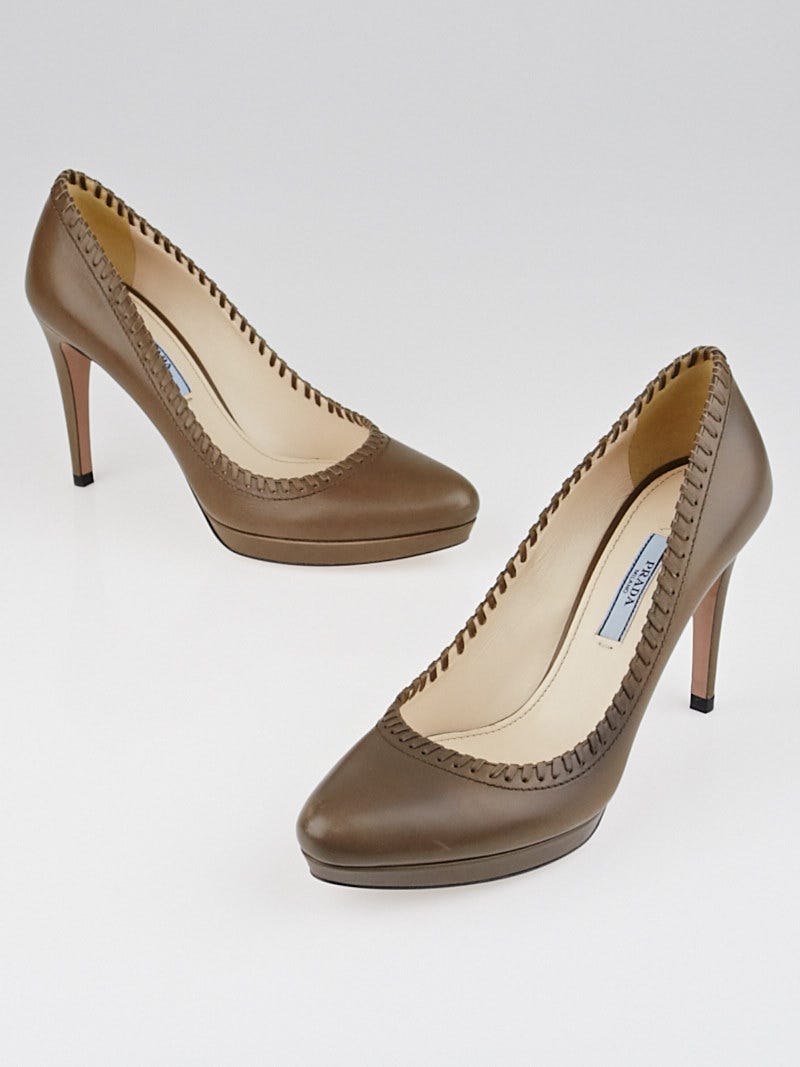 Prada Fumo Soft Calfskin Leather Whipstitched Pumps Size 6.5/37