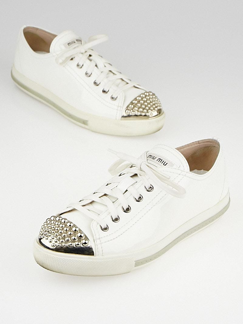 Miu Miu White Patent Leather Studded Cap Toe Sneakers Size 7.5 38 Yoogi s Closet