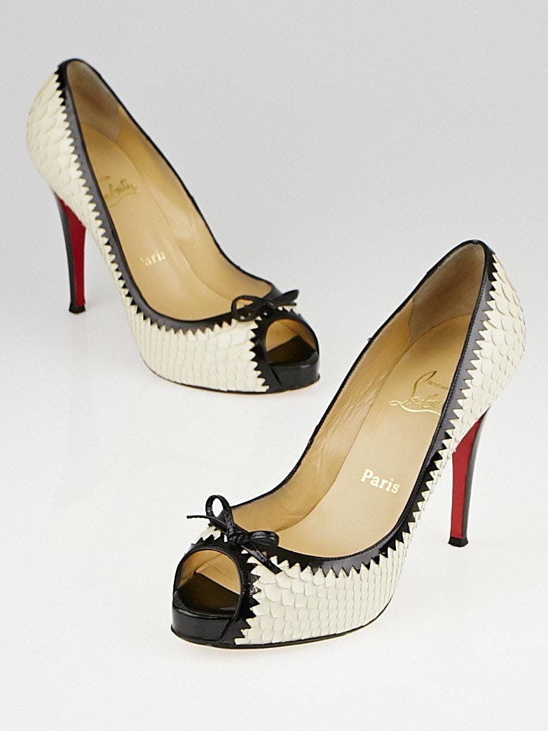 Christian Louboutin Ivory Python Black Patent Leather Jaws Peep