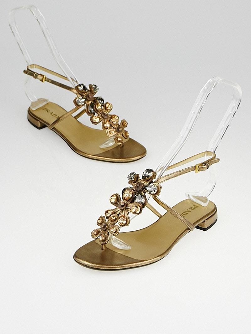 Prada Bronze Leather Crystal Flower Flat Sandals 6.5/37