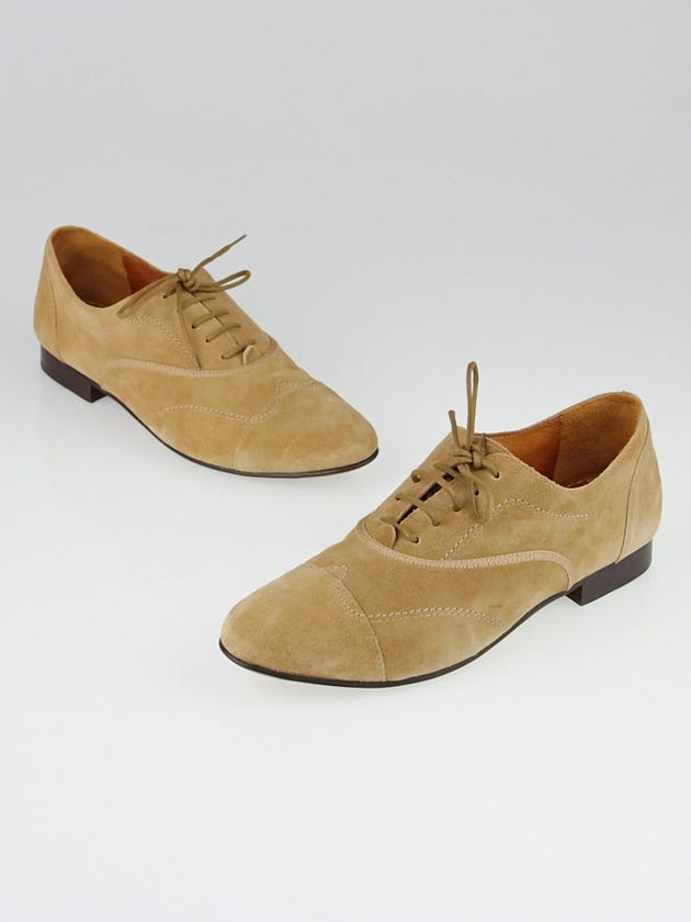 Lanvin Tan Suede Stitched Wingtip Oxford Flats Size 8.5/39