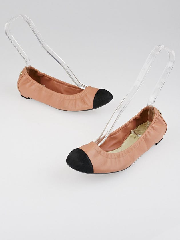 Chanel Rose/Black Leather/Suede Cap Toe Elastic Ballet Flats Size 7.5/38