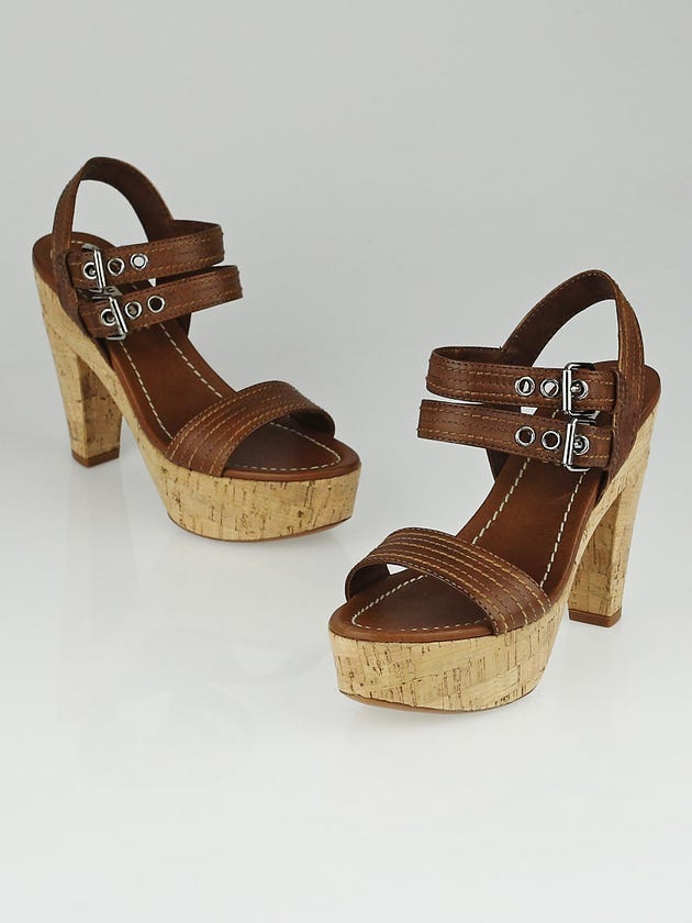 Miu Miu Brown Leather Double Wrap Platform Cork Sandals Size 5/35.5