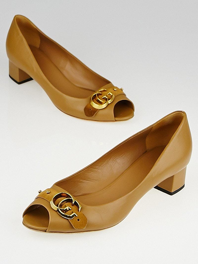 Gucci Tan Leather GG Peep Toe Flats Size 8.5 39 Yoogi s Closet
