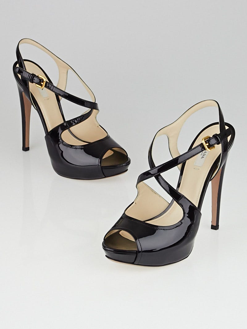 Prada Black Patent Leather Strappy Platform Sandals Size 9 39.5