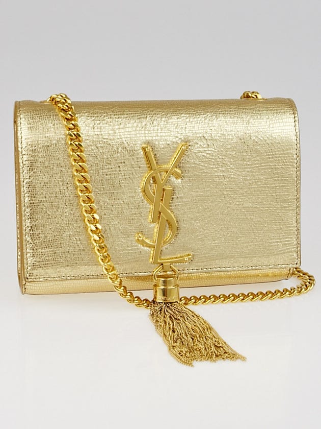 Saint Laurent Gold Metallic Leather Classic Monogram Tassel Small Flap Bag 