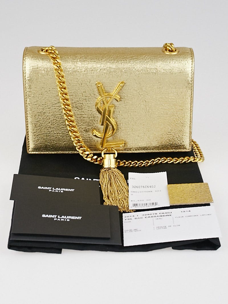 Saint Laurent Gold Metallic Leather Classic Monogram Tassel Small Flap Bag  - Yoogi's Closet