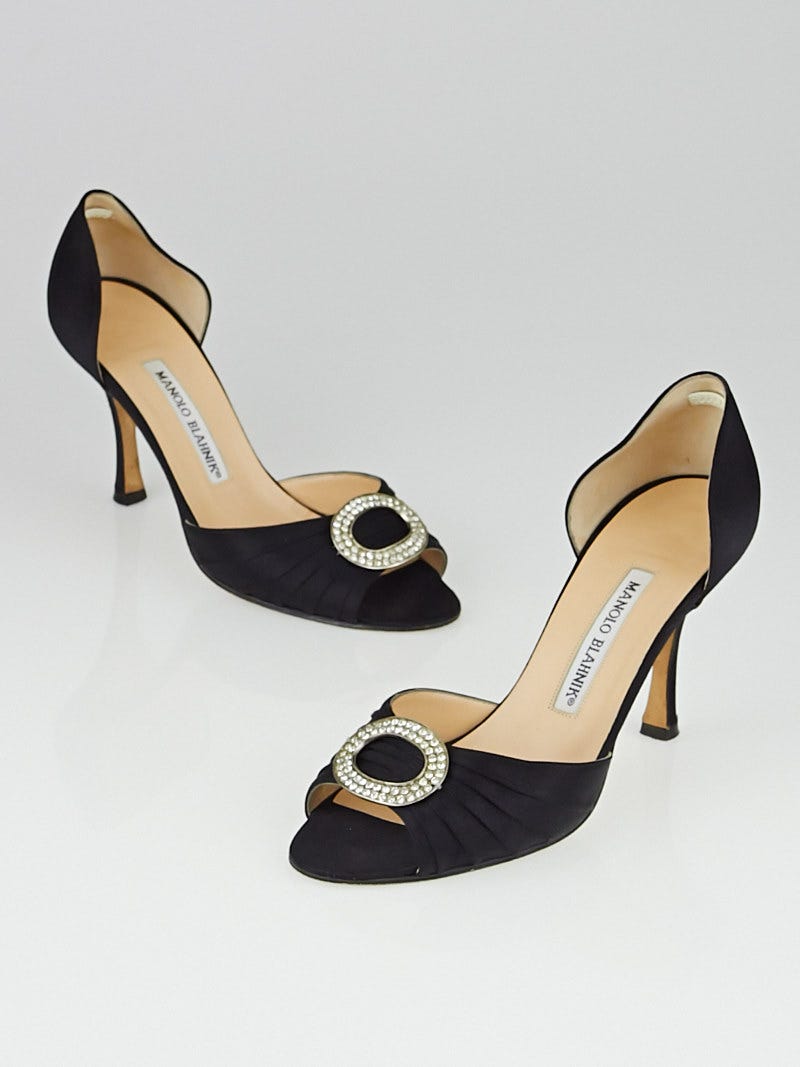 Manolo Blahnik Black Satin Sedaraby Crystal D Orsay Heels Size 6
