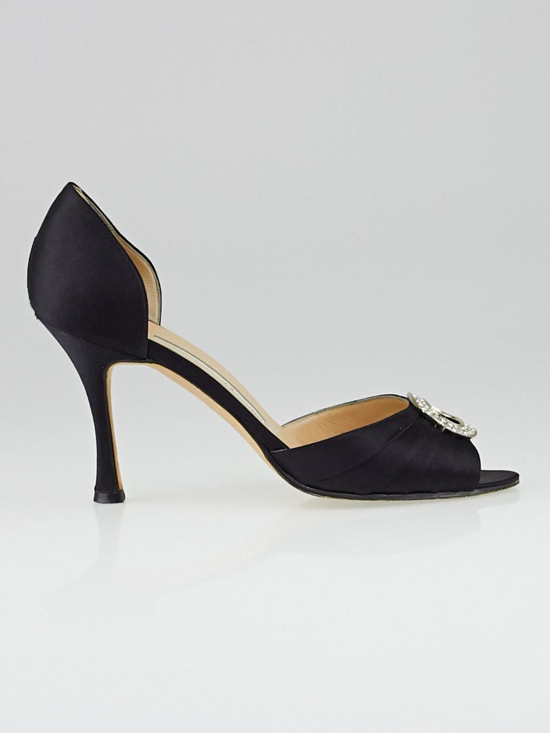 Manolo Blahnik Black Satin Sedaraby Crystal D'Orsay Heels Manolo Blahnik Black Satin Sedaraby Crystal D'Orsay Heels