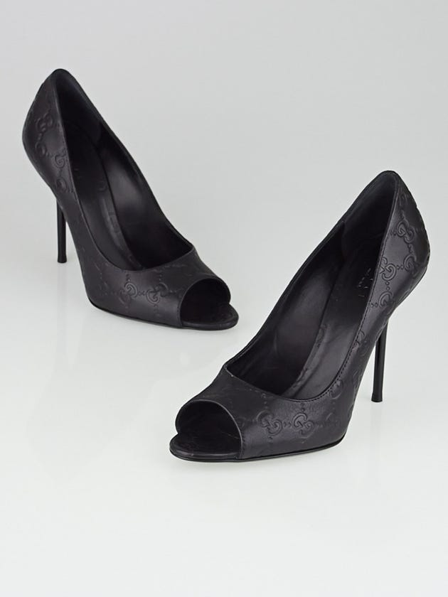 Gucci Black Guccissima Leather Peep Toe Pumps Size 7.5/38
