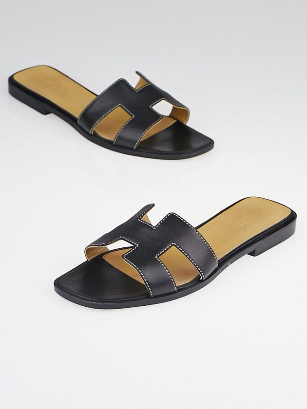 Hermes Black Calfskin Leather Oran Flat Sandals Size 6.5/37