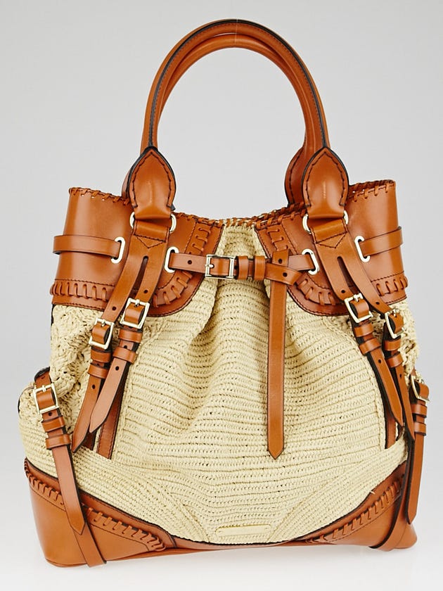 Burberry Orange Ochre Leather and Raffia Whipstich Tote Bag