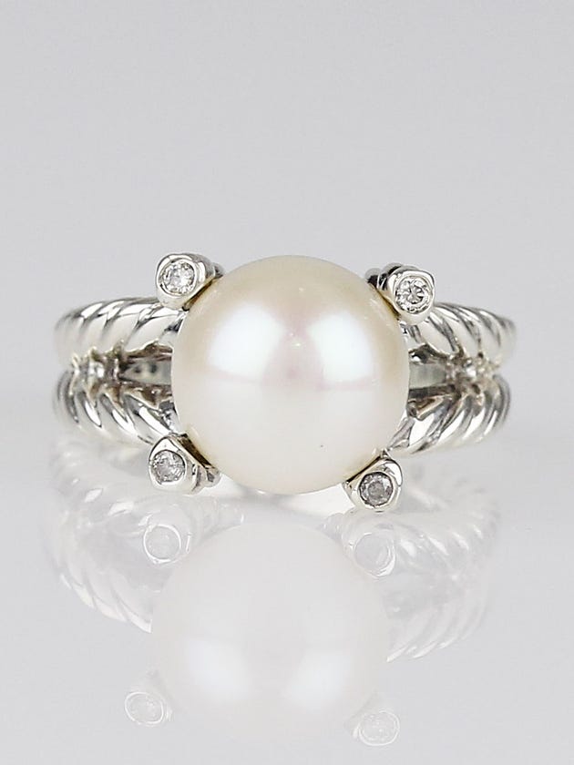 David Yurman Sterling Silver and Diamond Cable Pearl Ring Size 5