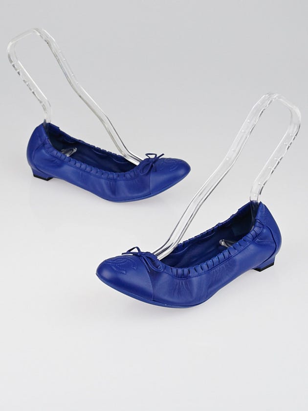 Chanel Royal Blue Leather CC Scrunch Elastic Ballet Flats Size 8.5/39 