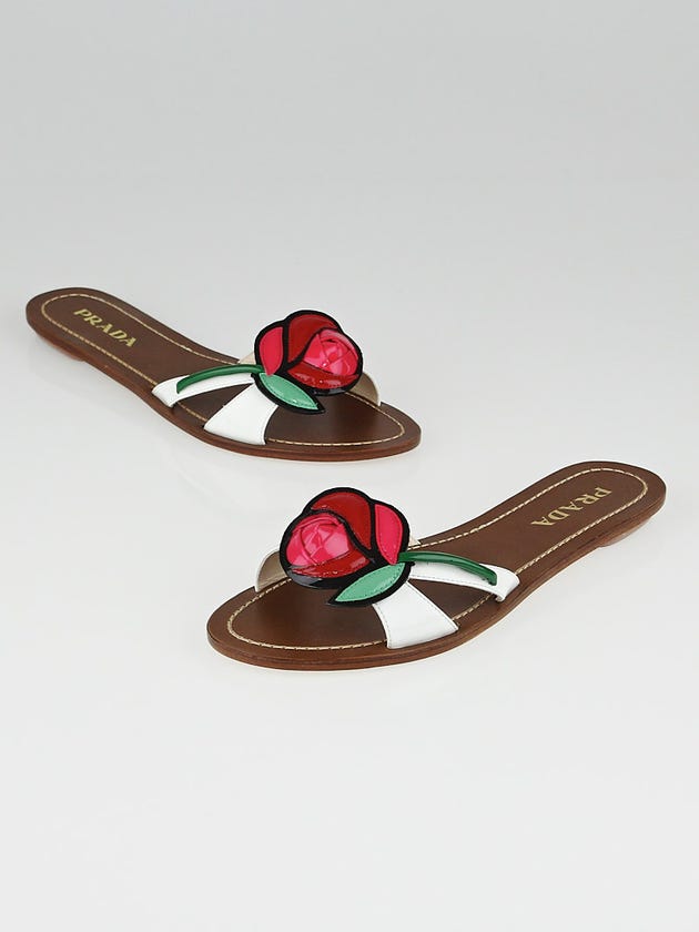 Prada White Patent Leather Rose Flat Sandals Size 7.5/38