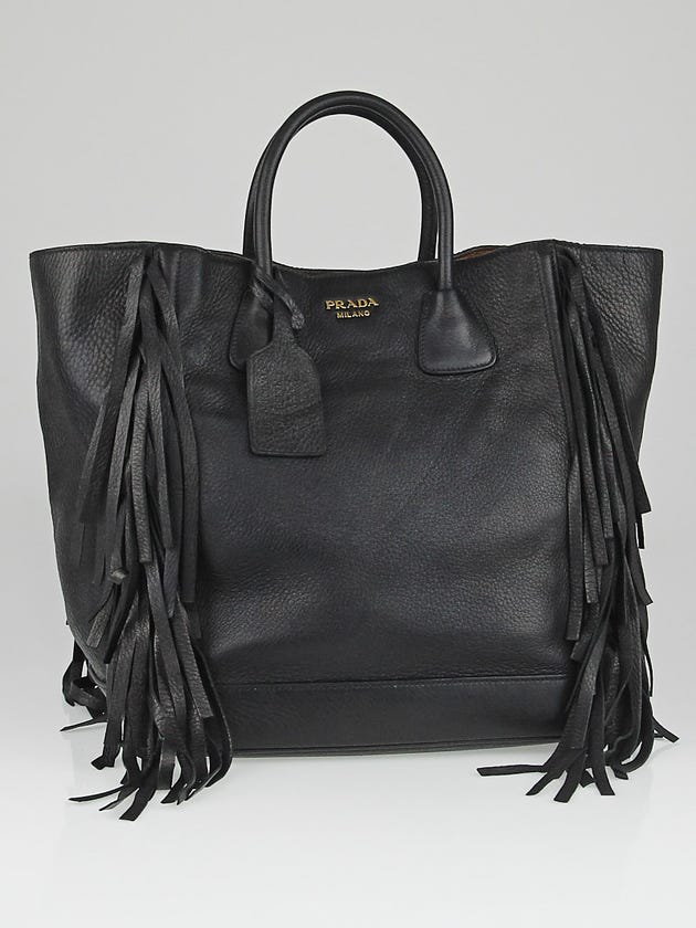 Prada Black Cervo Leather Large Fringe Shopping Tote Bag BN2457